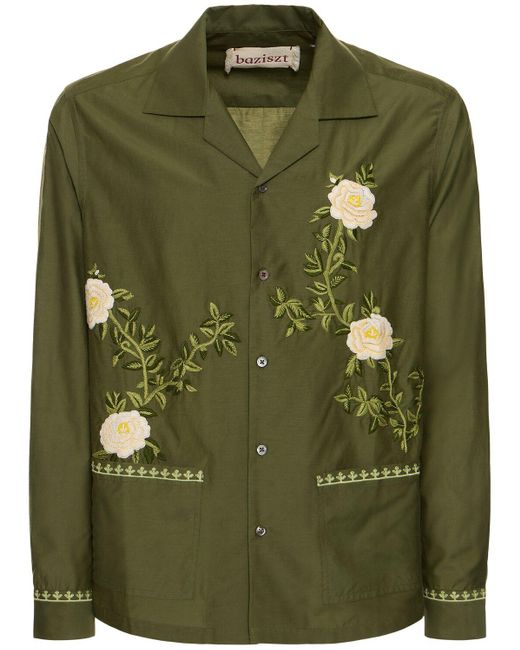 BAZISZT Green Flower Cotton & Silk Shirt for men