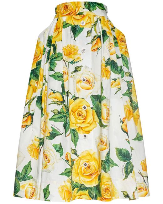 Dolce & Gabbana Yellow Midirock Aus Baumwollpopeline Mit Blumenprint Und Falten