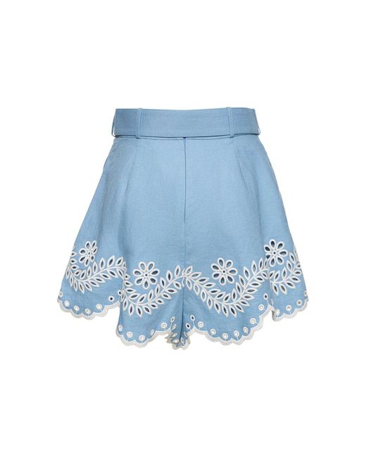 Zimmermann Blue Junie Embroidered Linen Shorts