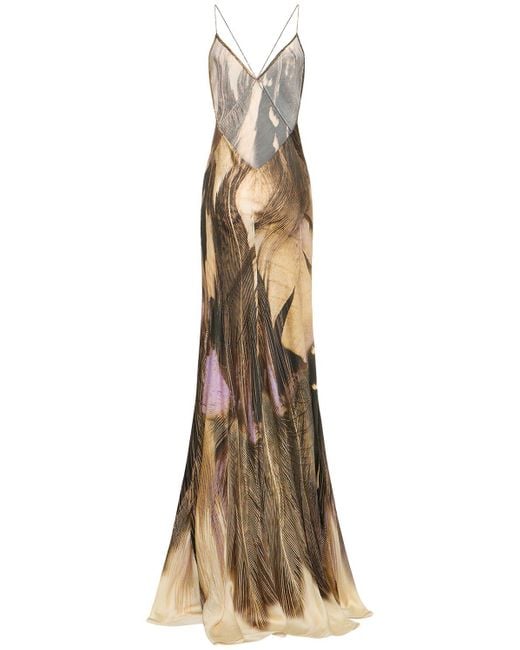 Roberto Cavalli Natural Printed Viscose Satin Long Dress