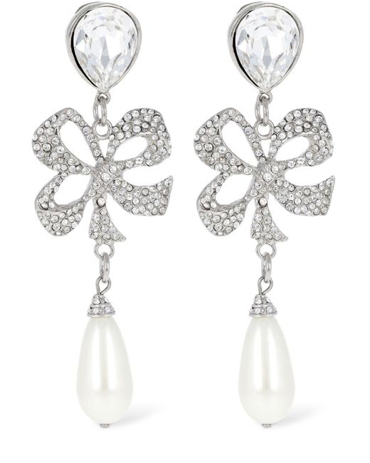 Alessandra Rich White Crystal Bow & Faux Pearl Earrings