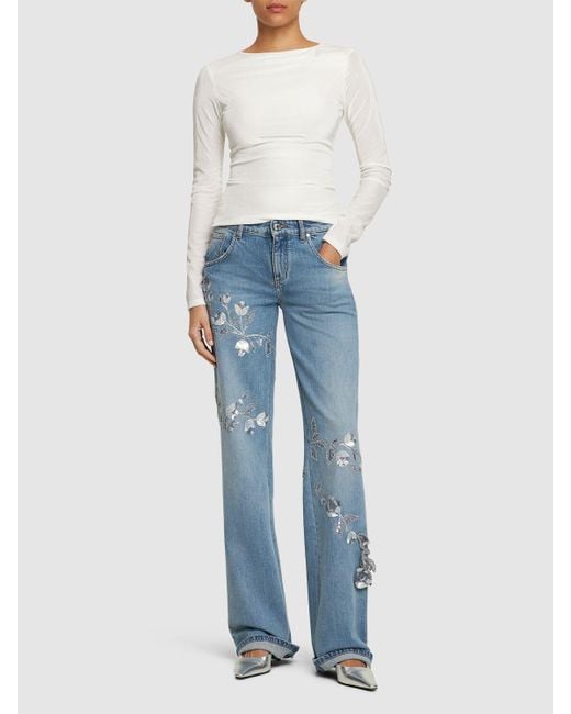 Blumarine Blue Denim Straight Jeans W/Flowers