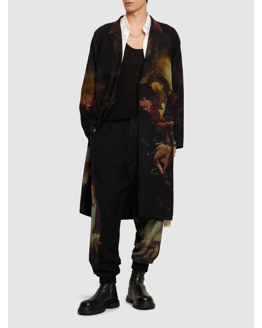 Abrigo largo de lino estampado Yohji Yamamoto de hombre de color Black