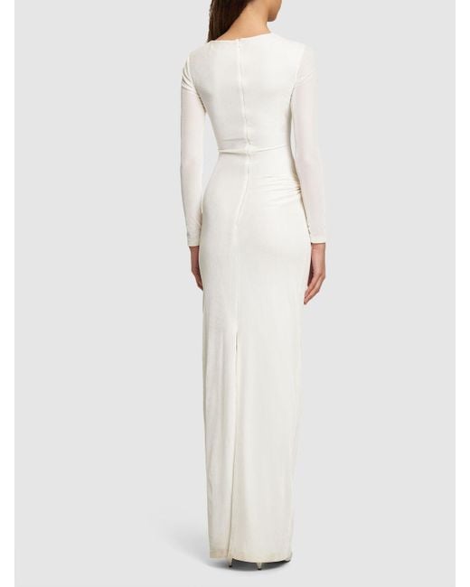 16Arlington White Nubria Draped Velvet Maxi Dress