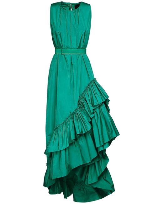 Max Mara Green Asymmetric Ruffled Taffeta Dress