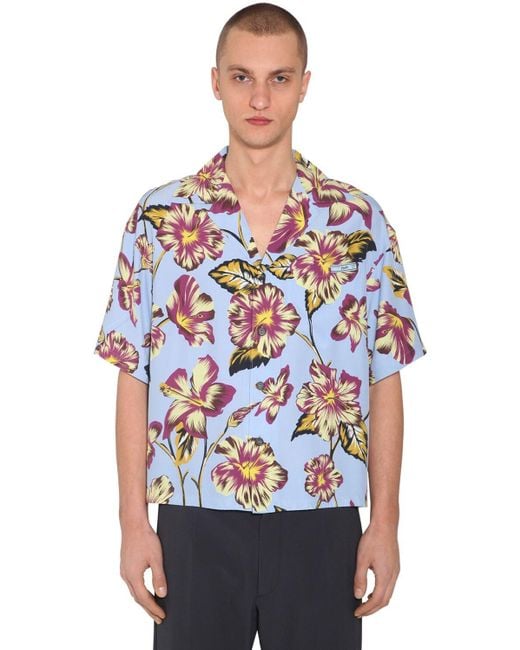 Prada Printed Pongé Bowling Shirt in Blue for Men Lyst