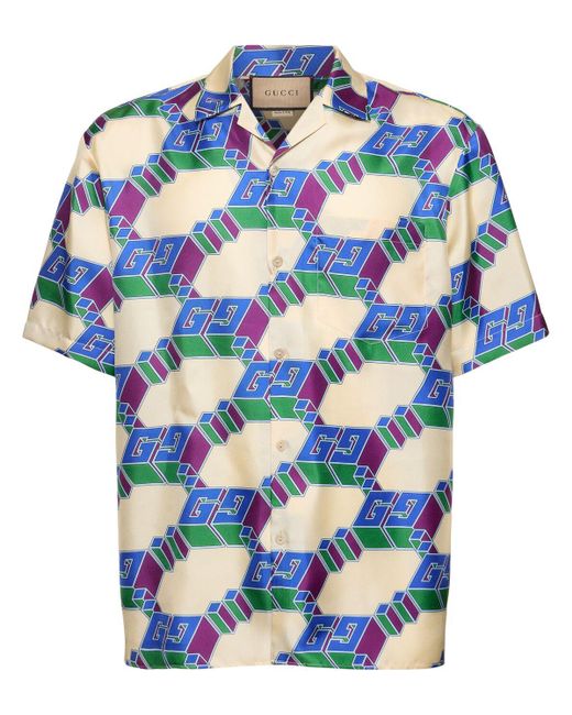 Camicia bowling gg hawaii in seta di Gucci in Blue da Uomo