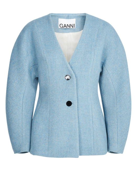 Ganni Blue Wool Twill Blazer W/ Curved Sleeves