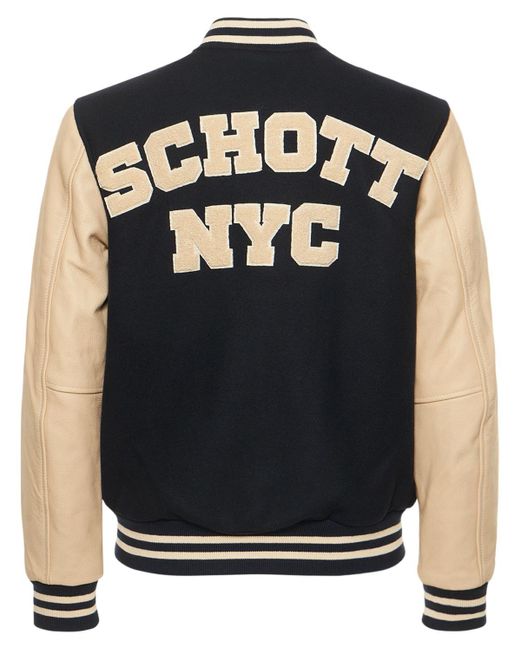 Schott Nyc Logo Leather & Wool Varsity Jacket in Blue for Men | Lyst
