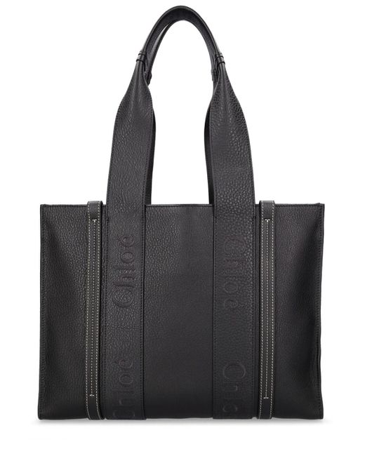 Chloé Black Medium Woody Leather Tote Bag