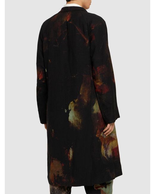 Yohji Yamamoto Black I-designed Printed Linen Blend Long Coat for men