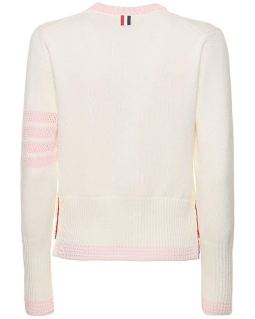 Thom Browne Natural Cotton Knit 4 Stripe Sweater W/ Pocket