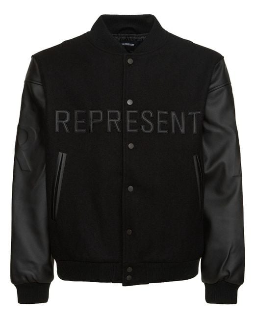 Represent Black Leather & Wool Blend Boxy Varsity Jacket for men