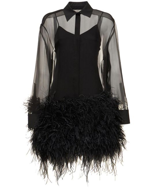 Valentino Black Silk Chiffon Mini Shirt Dress W/feathers