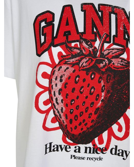 Ganni White T-Shirt mit Erdbeer-Print