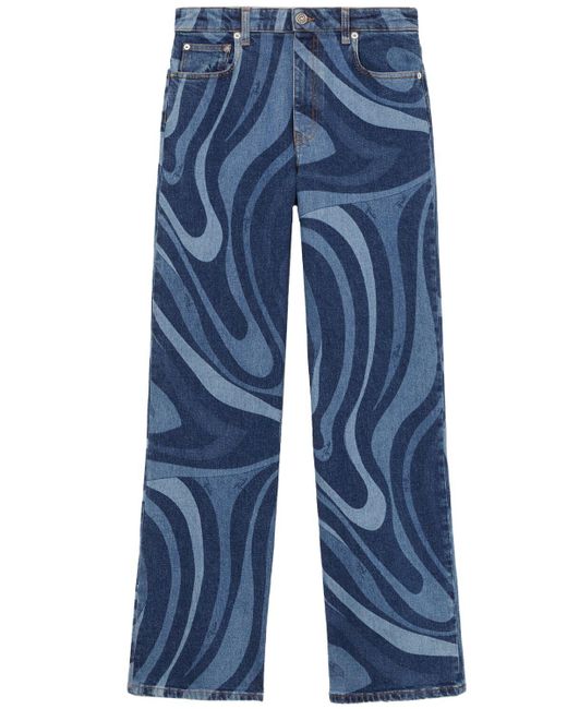 Emilio Pucci Blue Printed Denim Mid Rise Wide Jeans