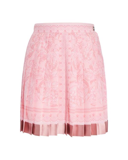 Versace Pink Barocco Print Pleated Silk Mini Skirt