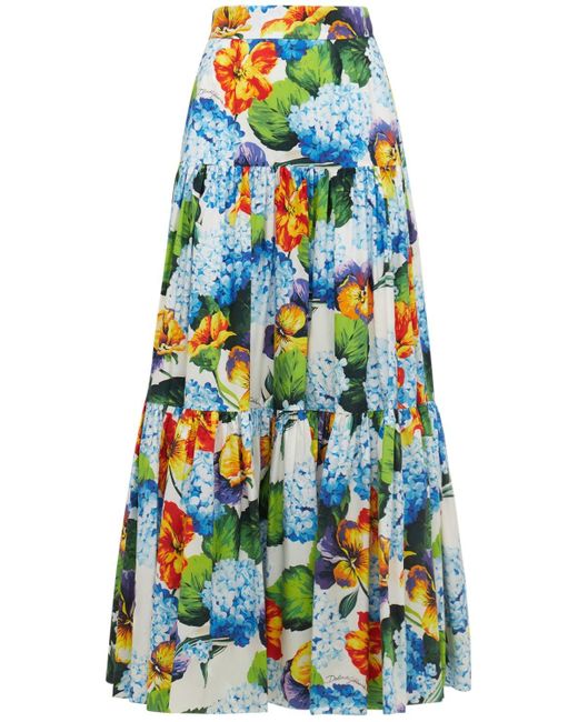 Dolce & Gabbana Printed Cotton Poplin Long Skirt in Blue Womens Clothing Skirts Maxi skirts 