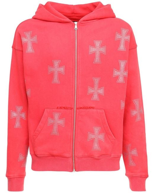 Unknown Red Crystal Cross Cotton Zip-up Hoodie for men