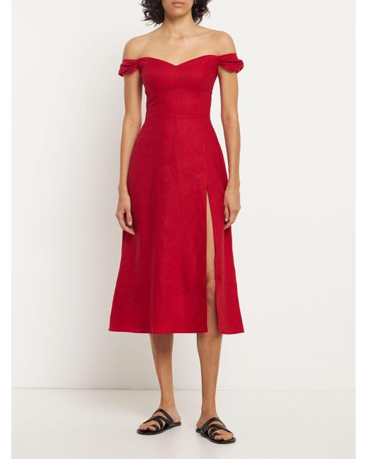 Reformation Red Bridgton Off-Shoulder Linen Midi Dress