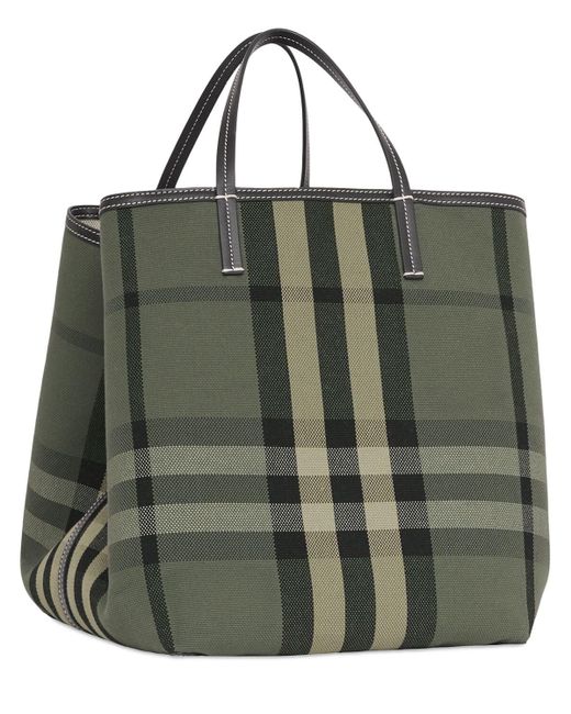 Burberry Medium Cotton Check & Leather Beach Tote in Green