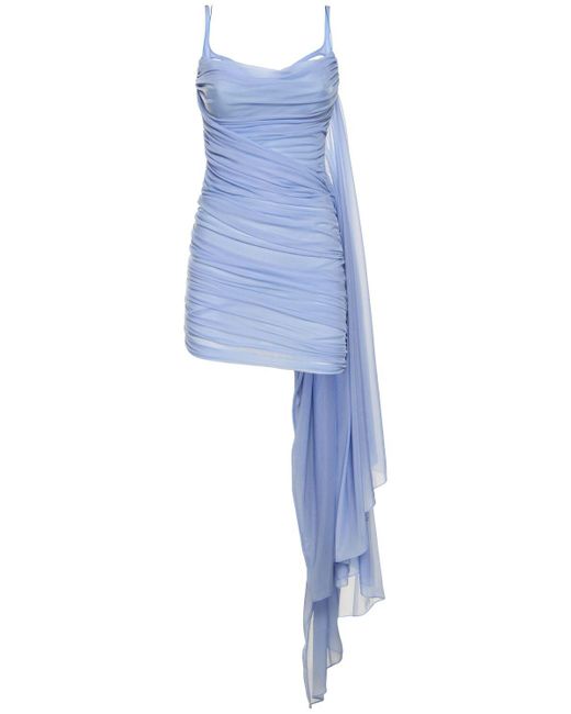 Mugler Blue Nylon Jersey Draped Mini Dress