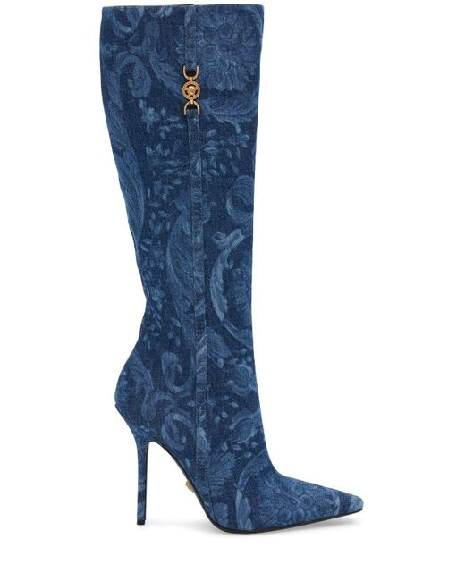 Versace Blue 110mm Hohe Stiefel Aus Denim Mit Druck