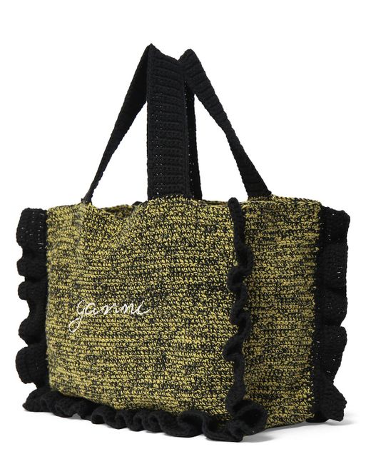 Ganni Green Cotton Crochet Ruffled Tote Bag