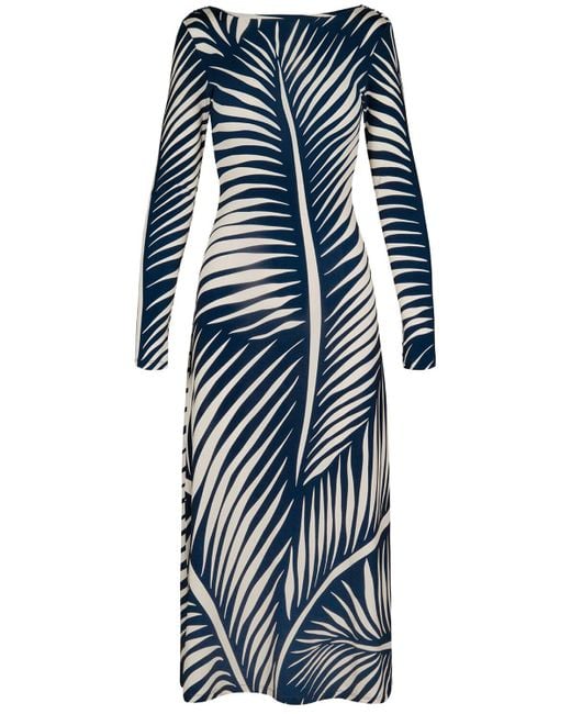 Johanna Ortiz Blue Printed Shiny Jersey Cutout Midi Dress