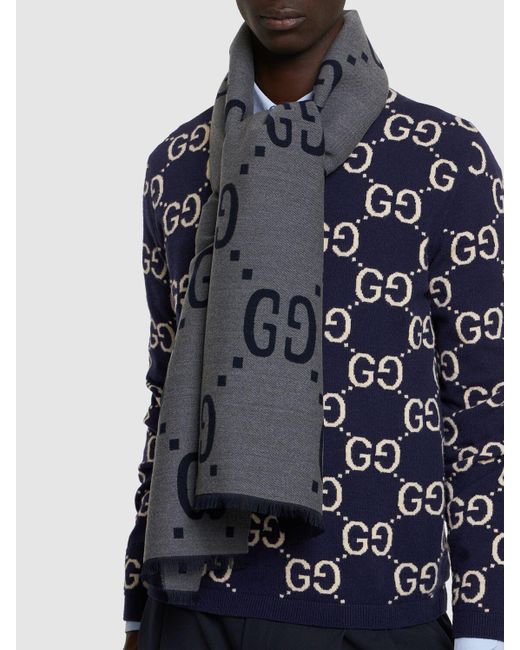 Gucci Gray Freedom gg Wool & Silk Scarf for men