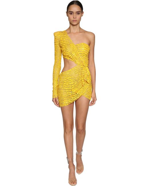 Julien Macdonald Yellow Cut Out Bead Embellished Mini Dress