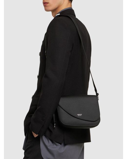 Ferragamo Black Fiamma Leather Crossbody Bag for men