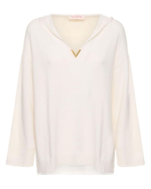 Valentino White Cashmere Knit V-neck Sweater W/hood