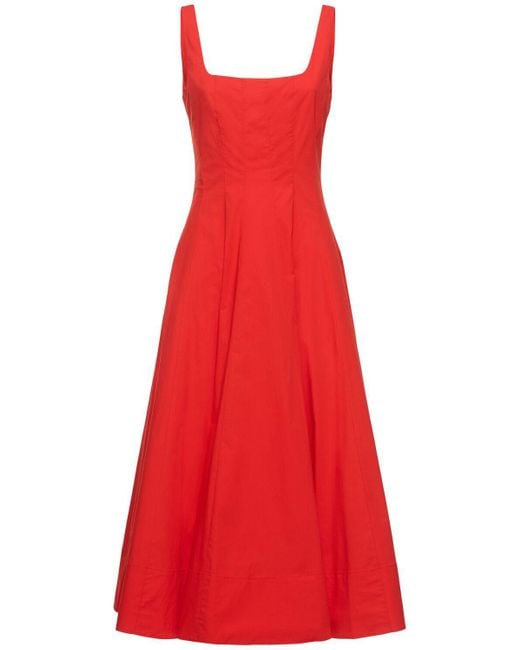 Staud Red Wells Pleated Stretch Cotton Midi Dress
