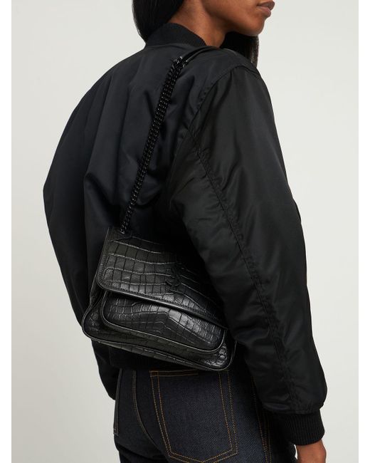 Saint Laurent Gray Baby Niki Croc Embossed Leather Bag