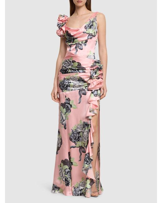 Alessandra Rich Pink Rose Print Silk Satin Evening Dress