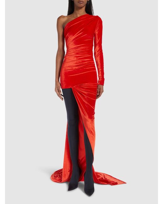 Balenciaga Red Asymmetric Fluid Velvet Jersey Dress