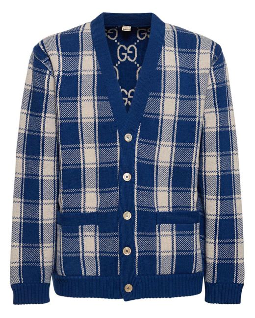 Gucci Blue gg Checked Wool Cardigan for men