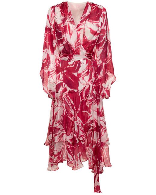 Costarellos Red Juniper Printed Silk Midi Wrap Dress