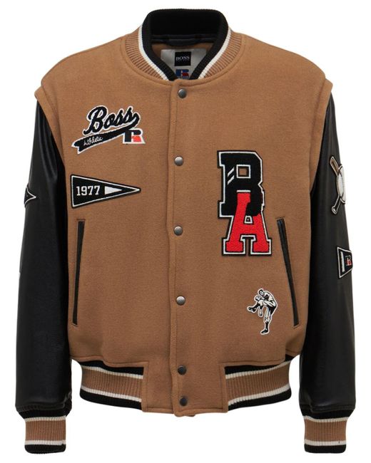 BOSS Wool Blend Varsity Jacket W/ Patches in Natural for Men | Lyst
