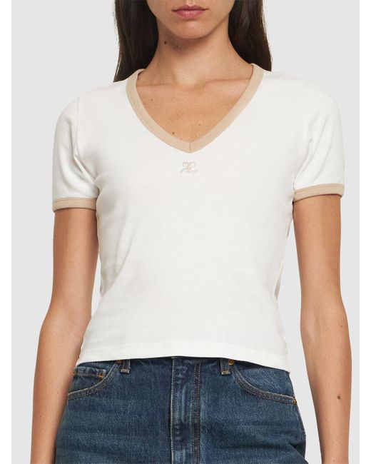 Courreges White Contrast V-neck Cotton T-shirt