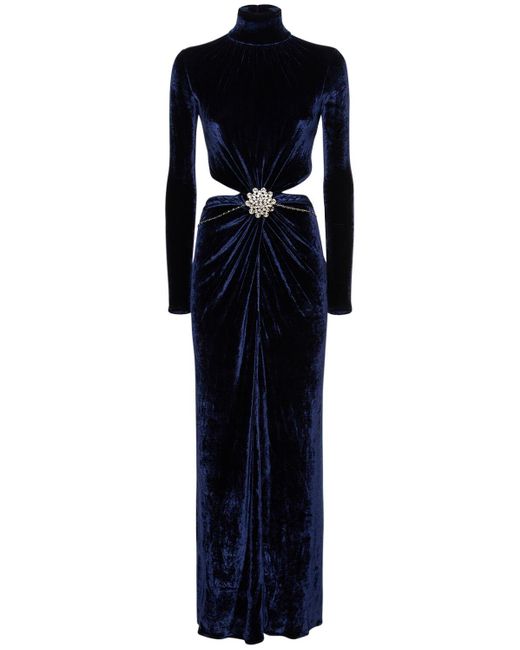 Rabanne Blue Velvet Draped Turtleneck Long Dress