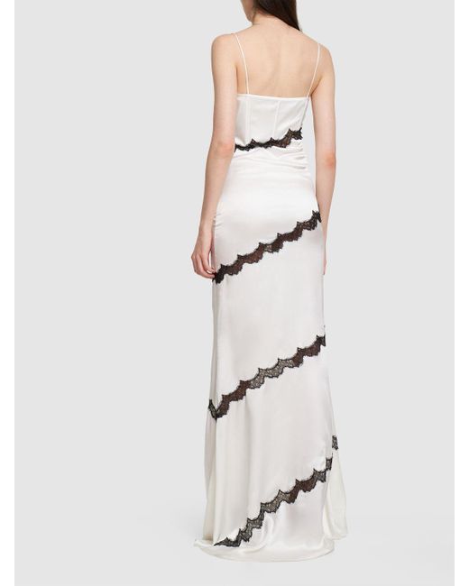 Alessandra Rich White Silk Satin Long Evening Dress W/ Lace