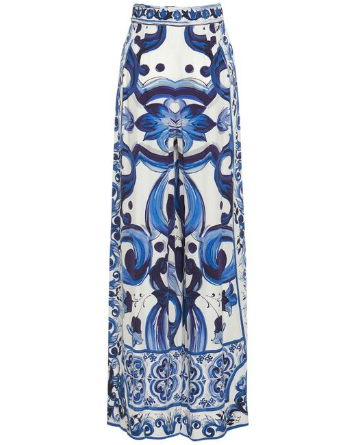 Dolce & Gabbana Blue Printed Silk Charmeuse Wide Leg Pants