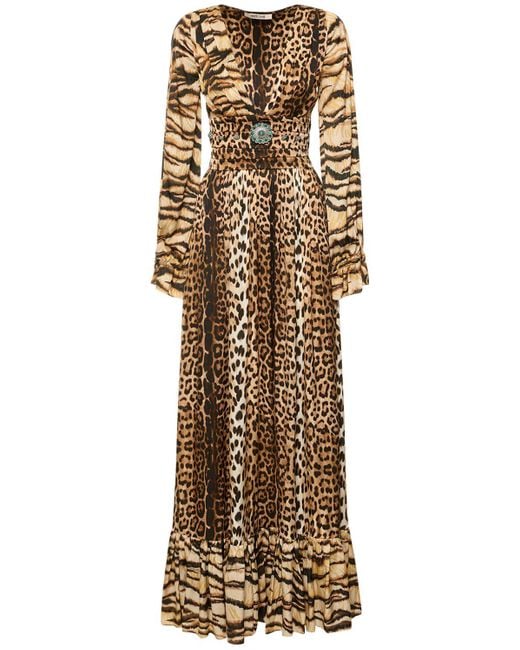 Roberto Cavalli Natural Jaguar Print Satin Long Dress