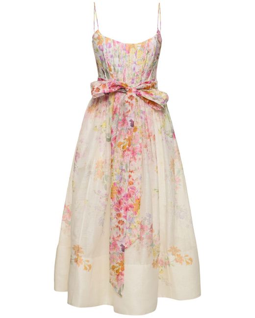 Robe corset midi en lin imprimé natura Zimmermann en coloris White