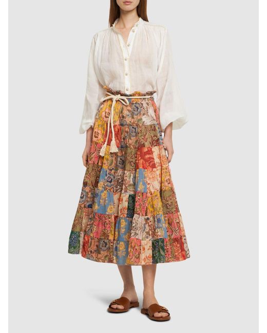 Zimmermann Orange Junie Tiered Cotton Midi Skirt