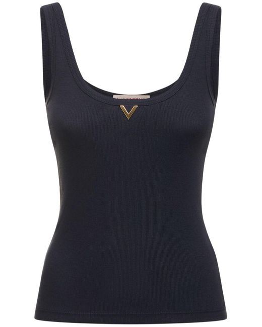 Valentino Blue Cotton Ribbed Jersey Logo Tank Top