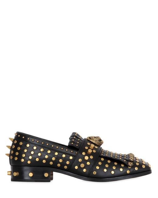 Gucci Studded & Tiger Leather Fringed Loafers in Black | Lyst