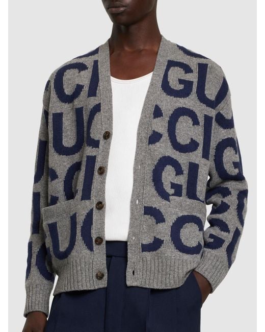 Cardigan en laine douce à logo gg Gucci pour homme en coloris Blue
